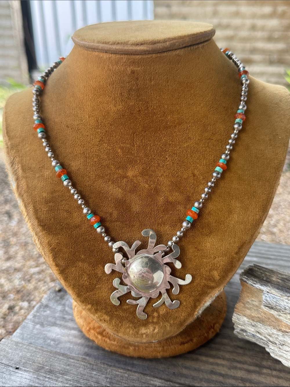 Artisan Sterling Silver Necklace with Sun Pendant and Turquoise and Carnelian